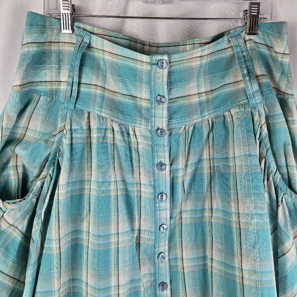 Larry Levine Metallic Gold Turquoise Button Up Flare Plaid Skirt Pockets Size 12 - Picture 4 of 12